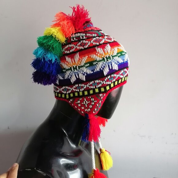 Peruvian Floral Chullo Knitted Wool Multicolored Beads Multicolored main image 5